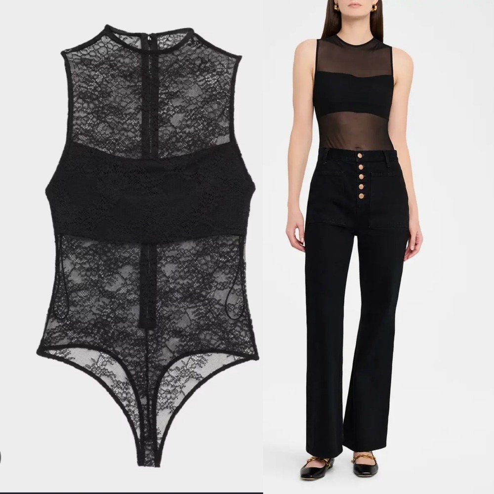 NWT Alice + Olivia Nichol Black Floral Sheer Lace Sleeveless Bodysuit Small New